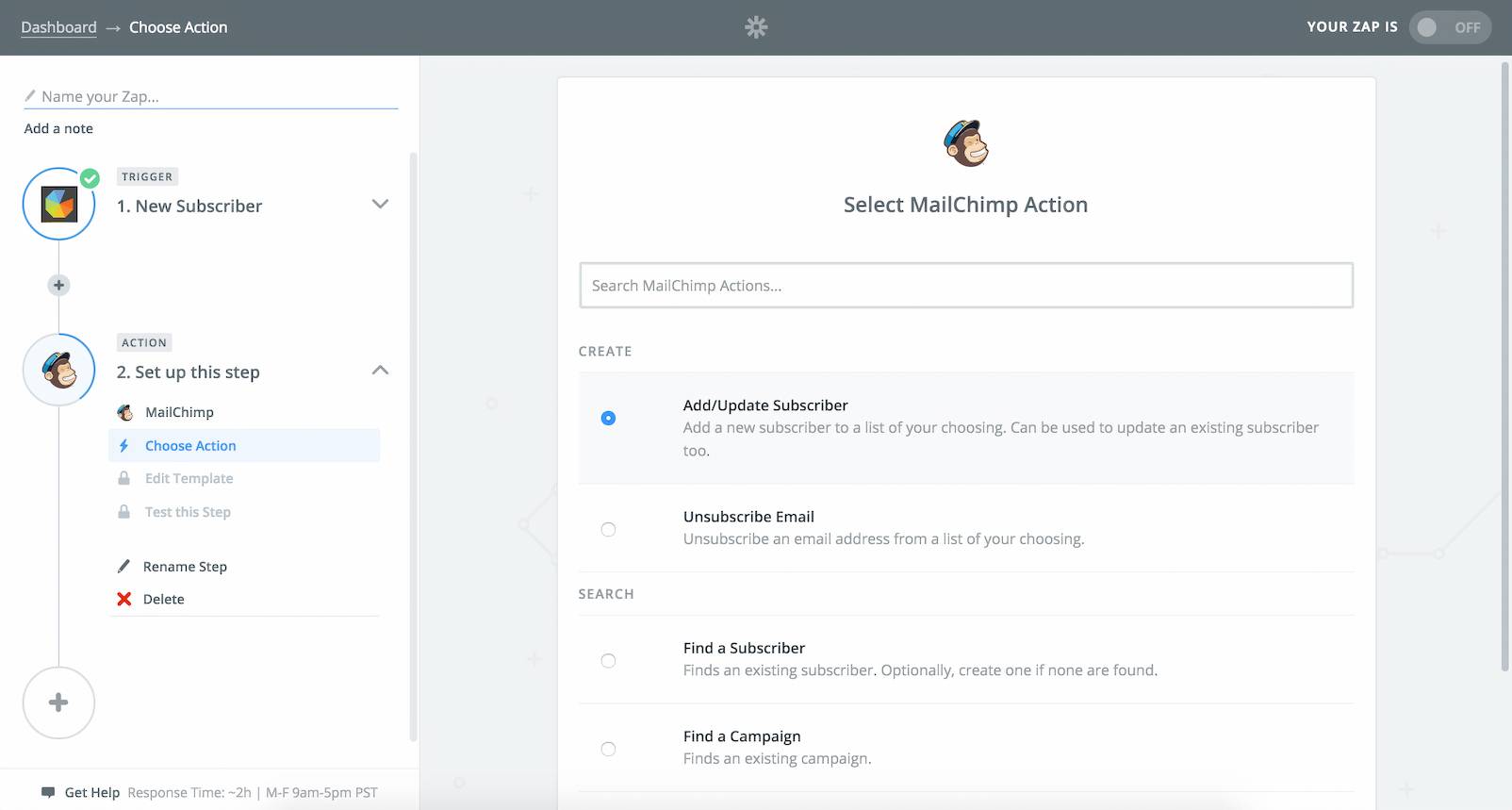Select a Mailchimp action from the Zapier dashboard