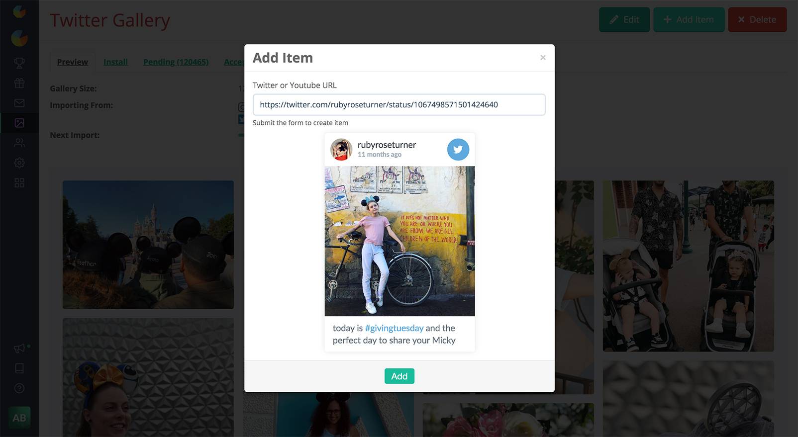 Manually add Twitter medua to your Gleam Gallery