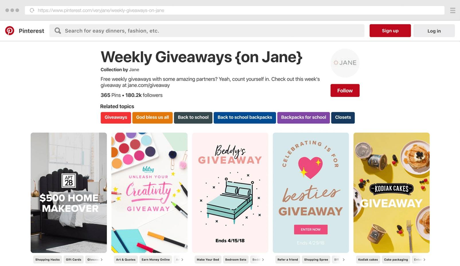 Jane.com's weekly giveaways Pinterest board