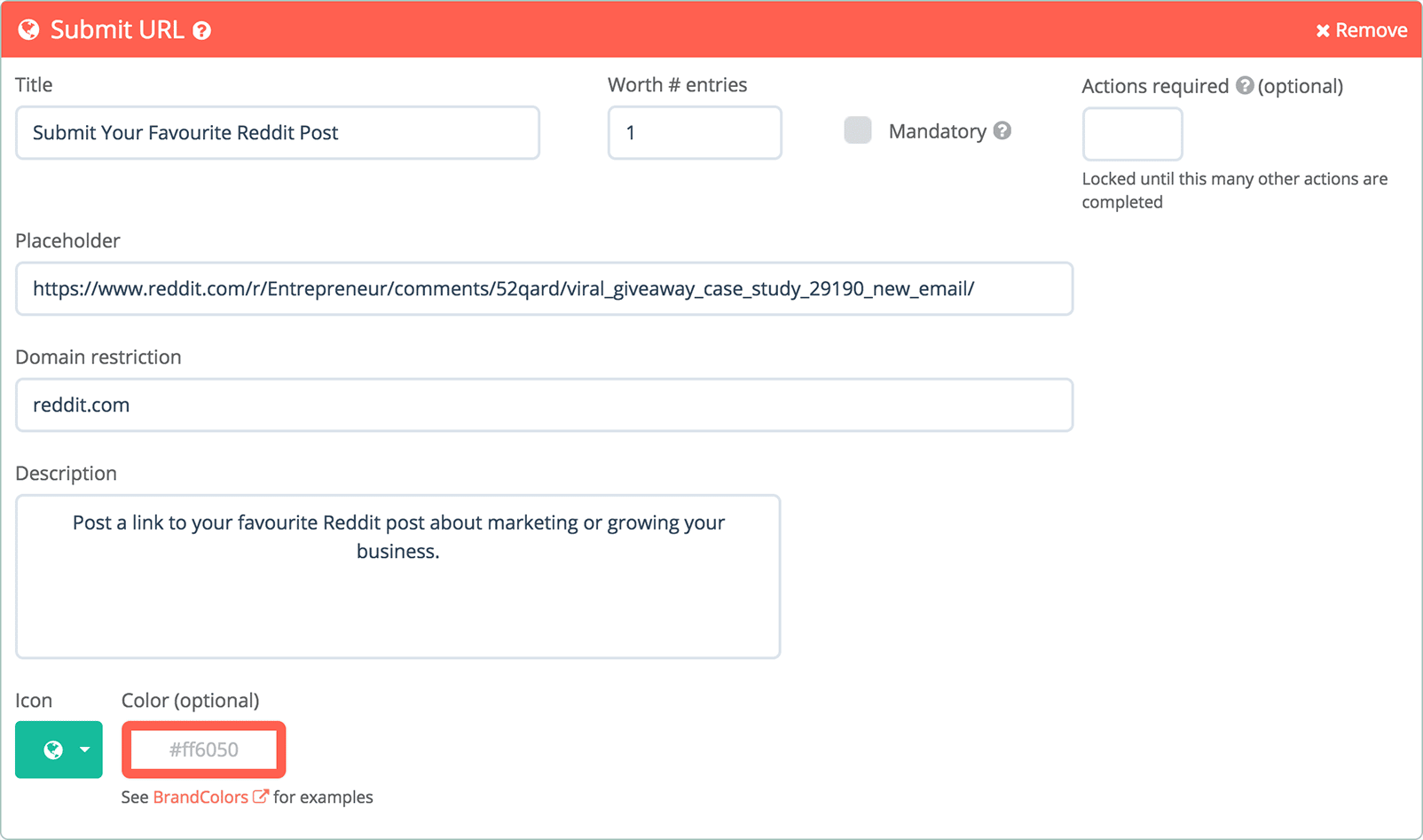 Admin view for Submit URL Action for Gleam.io