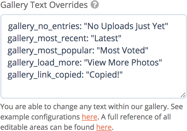 Enter text overrides for your gleam Gallery