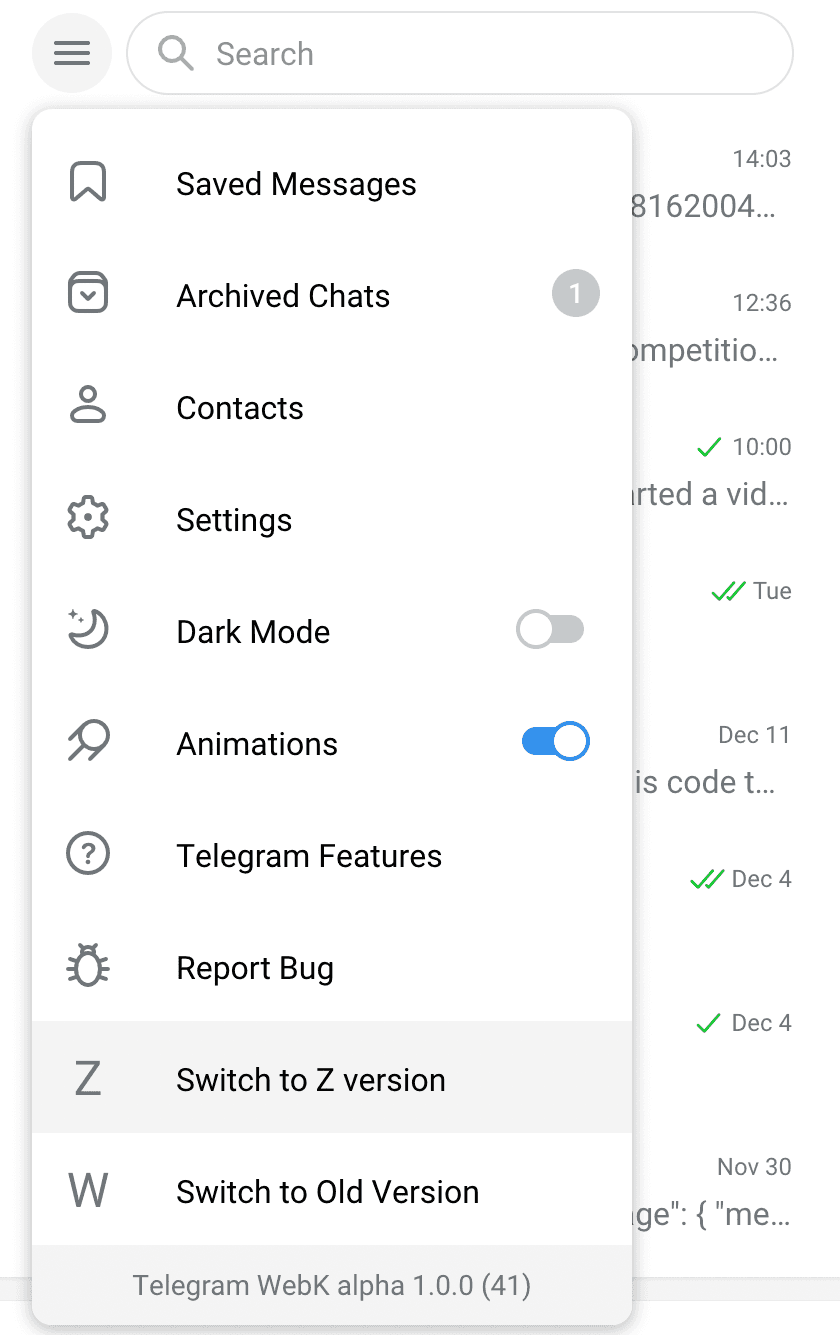 Switch to Z version on the Telegram web interface