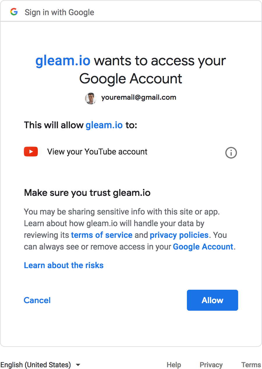 Connect your YouTube account to Gleam.io