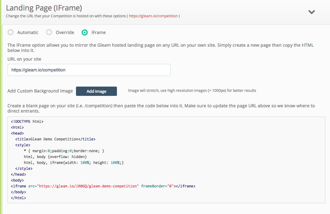 Configure your iFrame settings for Gleam.io Landing Pages