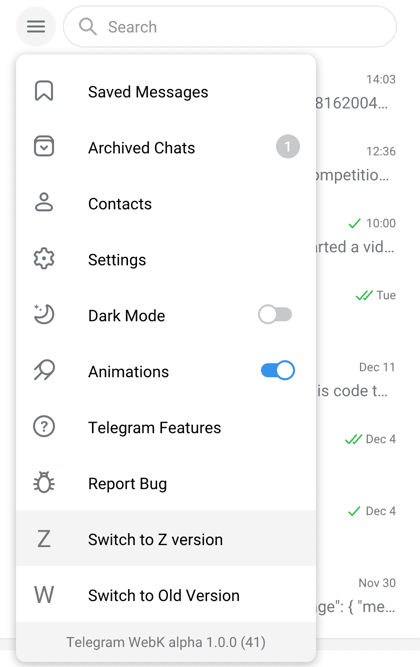 Switch to Z version on the Telegram web interface