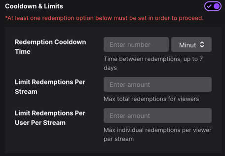 Set the cooldown & linmits for your Reward