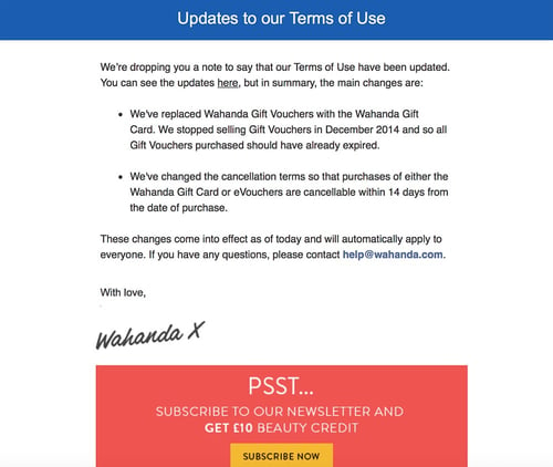 Email announcing changes to terms of service