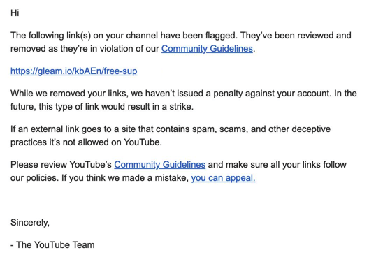 Channel Strike notification from YouTube