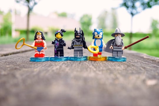 LEGO Batman, Wonder Woman, Sonic Hedgehog, and Harry Potter Gandalf toys