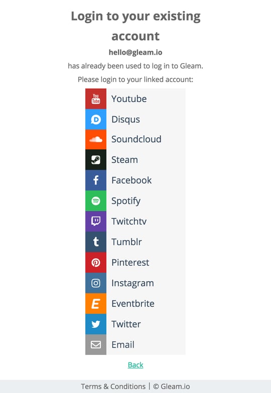 Gleam widget showing login options