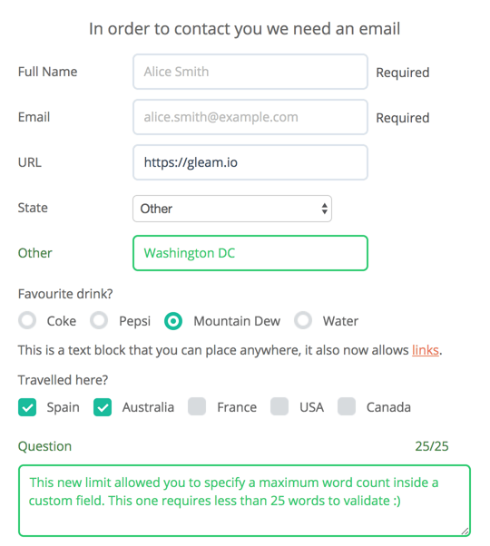 Improved Custom Fields for the User Details form in Gleam widget