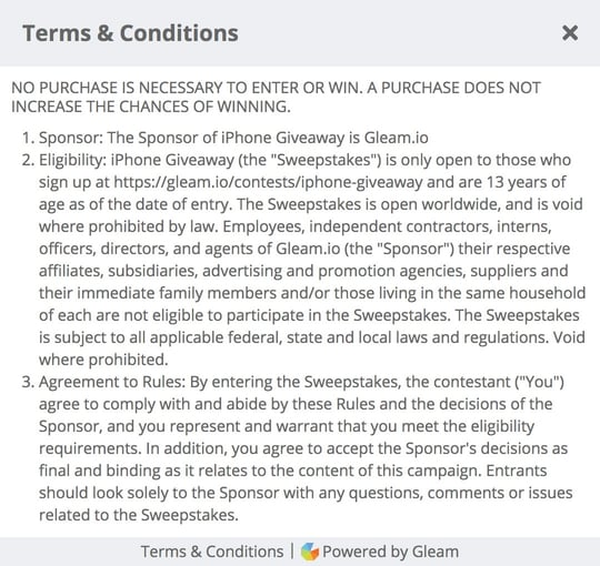 Gleam widget showing terms and conditions