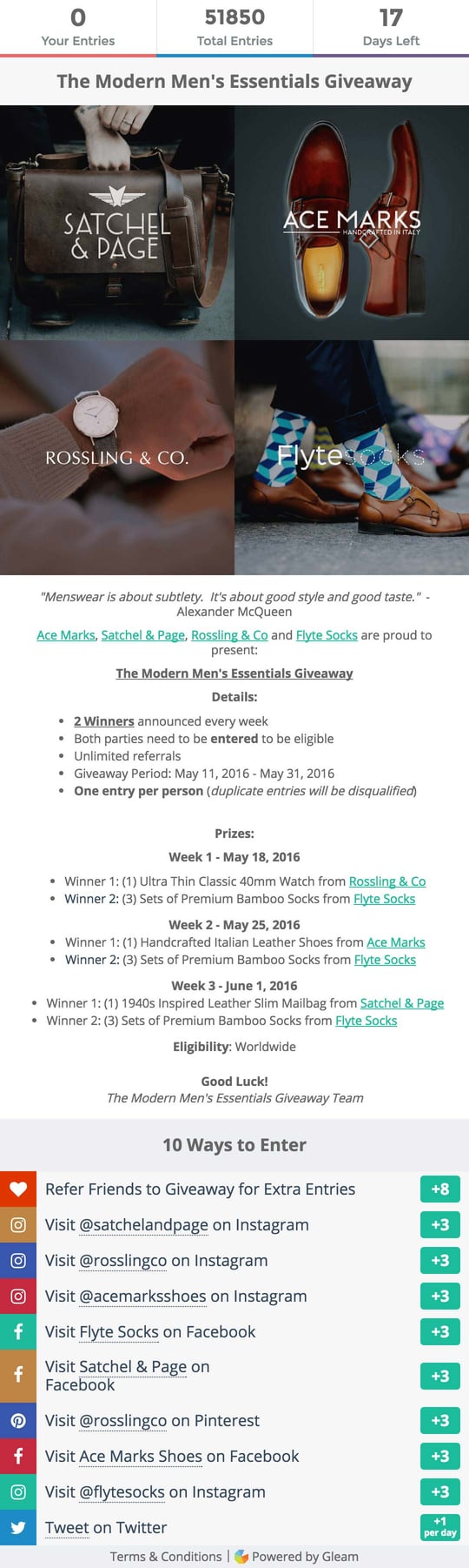 Flyte Sock's Gleam Competitions campaign widget