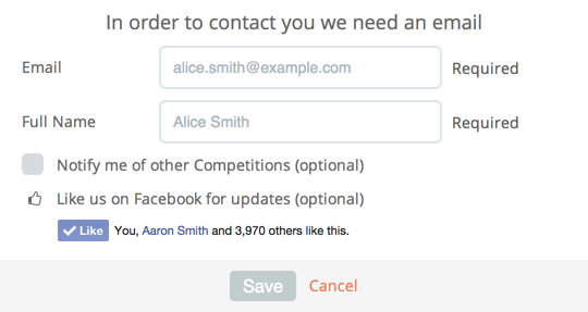 User Details form on Gleam Competitions campaign widget with Facebook Like option