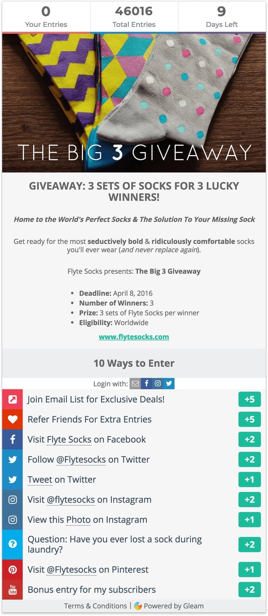 Flyte Socks giveaway campaign widget