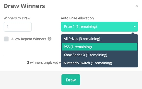 Pick a prize to draw winners for in Gleam Competitions