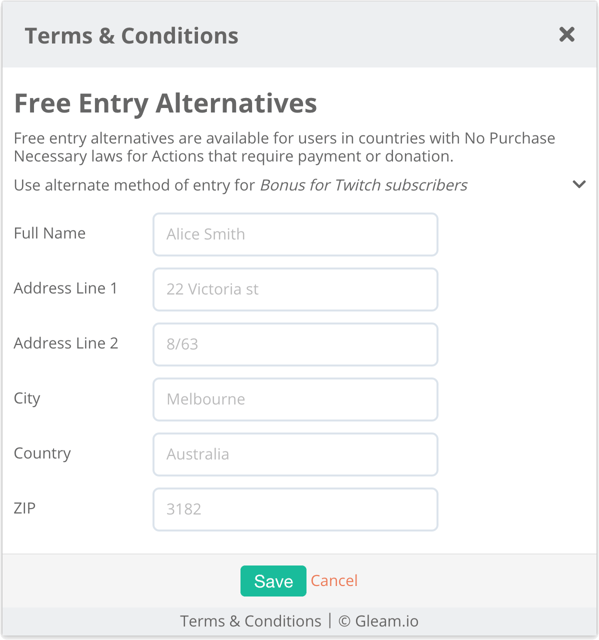 Free entry alternative form in the Terms & Conditions section of your Competitions widget