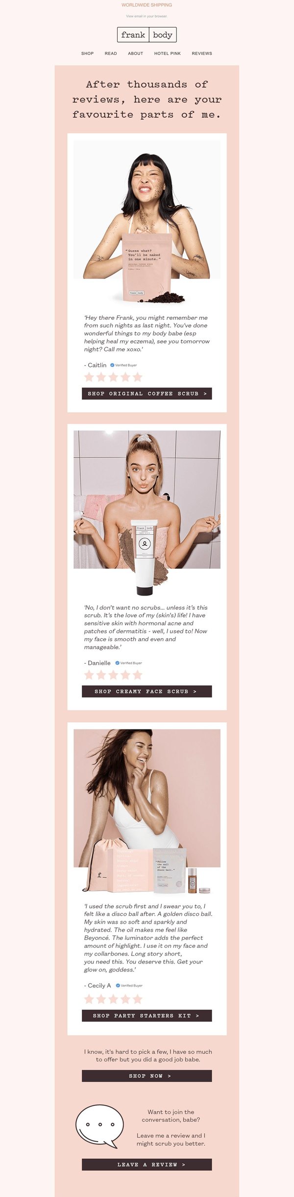 Frank Body uses customer photos and testimonials to promote products
