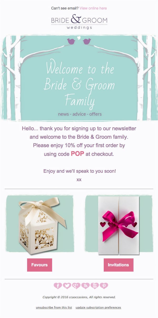 Bride & Groom Direct's newsletter welcome email