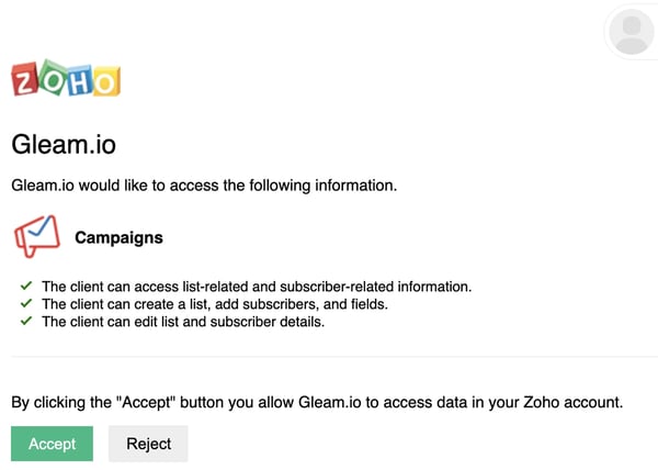 Connect Zoho Campaigns to Gleam via oAuth and provide access permission
