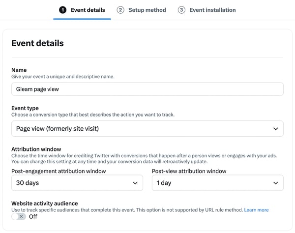Twitter events manager interface with new event form