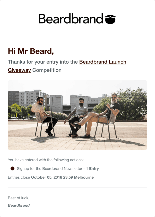 Beardbrand's post-entry notification email for Gleam campaigns