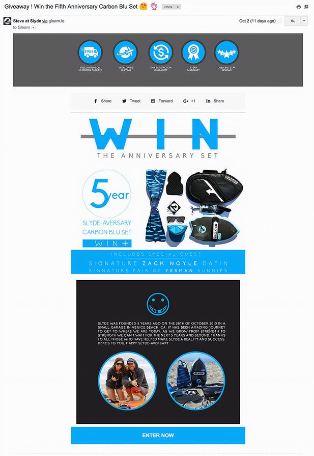 Slyde's promotional email blast about their giveaway campaign