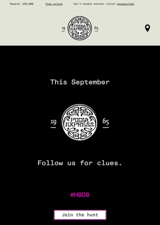 Promotional email from Pizza Express hinting users at a mysterious event