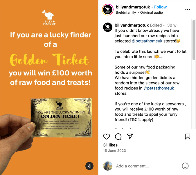 Golden Ticket Giveaway promoted on Instagram Reels by Billy and Margot