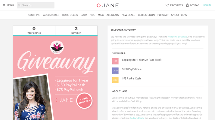 Jane.com's giveaway campaign embedded on their website