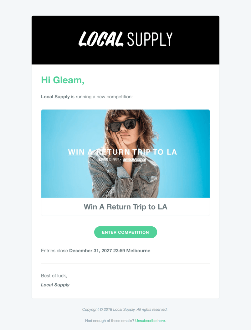 New Competition email notification from Gleam Competitions