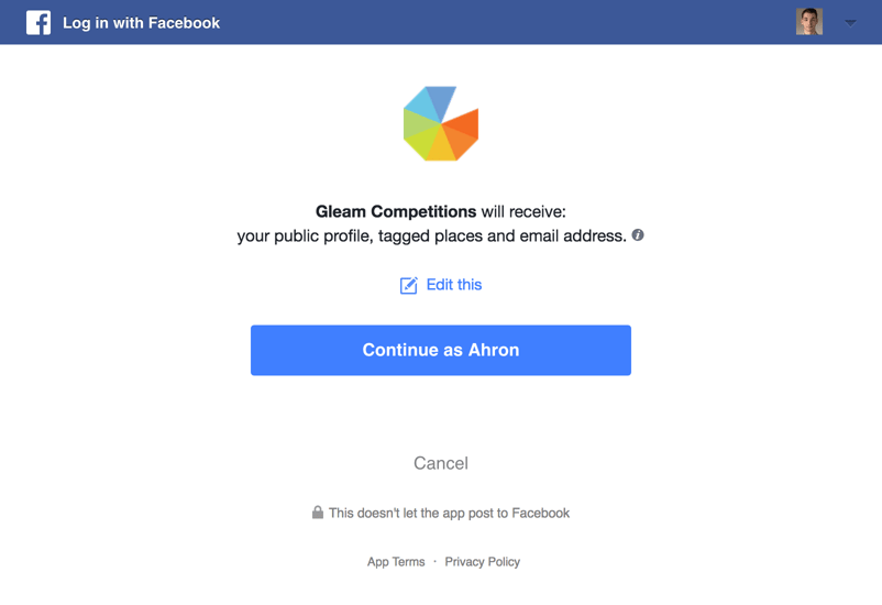 Facebook authorization page for Gleam