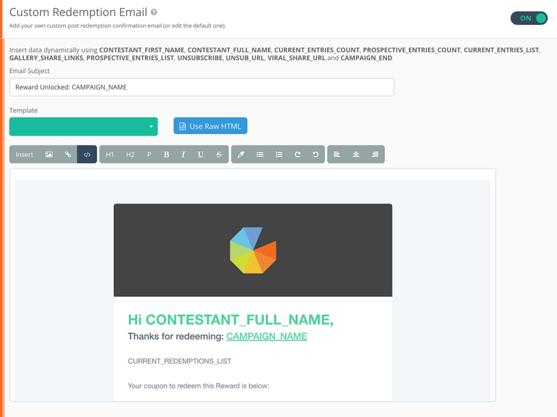 Customise your post-redemption email with the editor