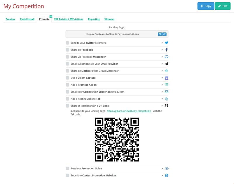 Gleam interface showing actions and QR code