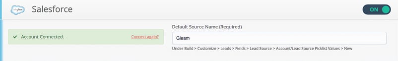 Salesforce account successfully connected to Gleam.io