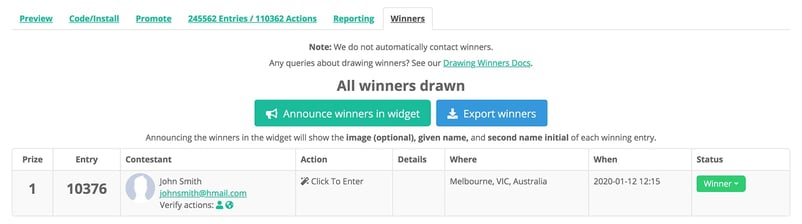 Winners tab with all winners drawn for a Gleam Competitions campaign