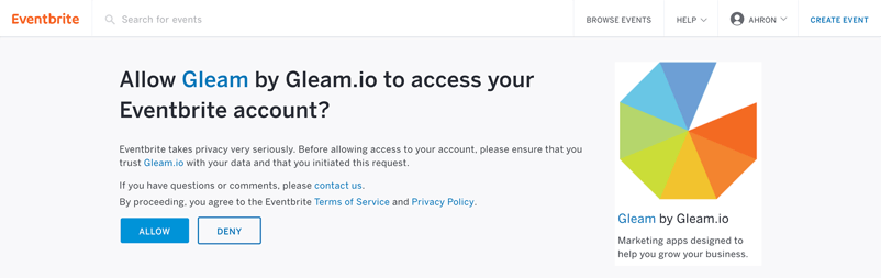 Eventbrite app asking to allow Gleam to access account