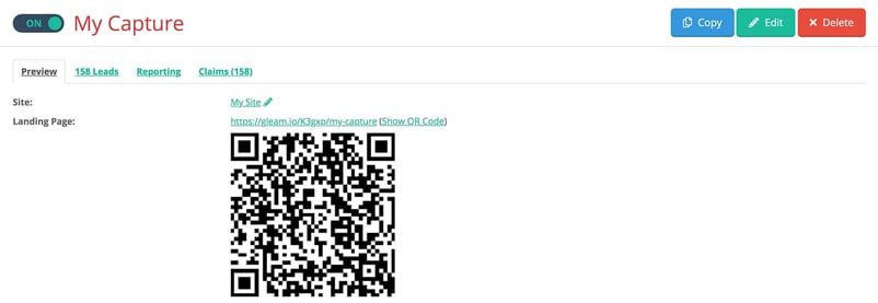 Gleam interface showing capture landing page with QR code