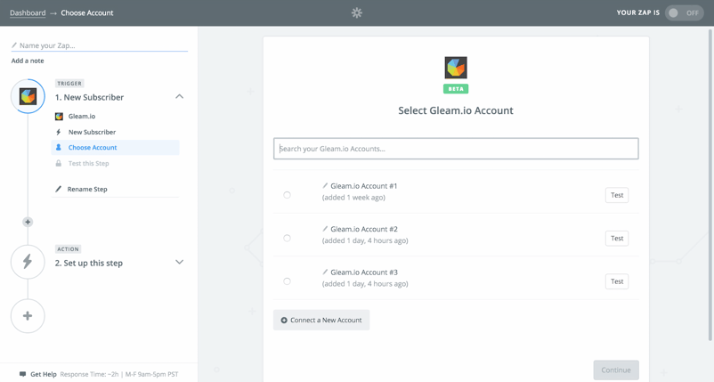 Click 'Connect New Account' to connect Zapier to Gleam