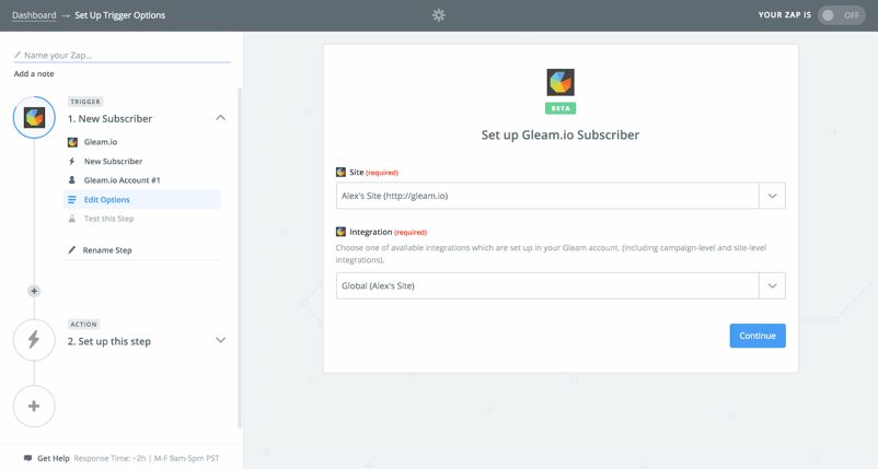 Pick a Gleam Site that has a Campaign with Subscribe Action enabled on Zapier