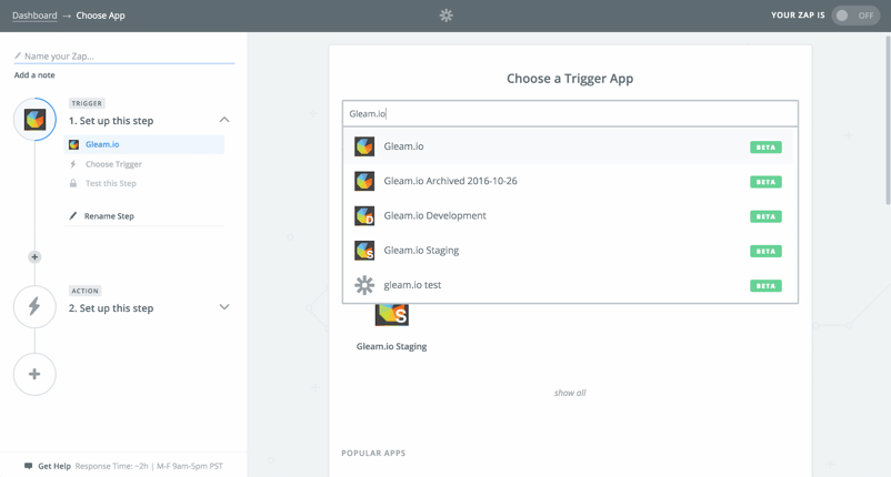 Choose 'Gleam.io' as your Trigger App
