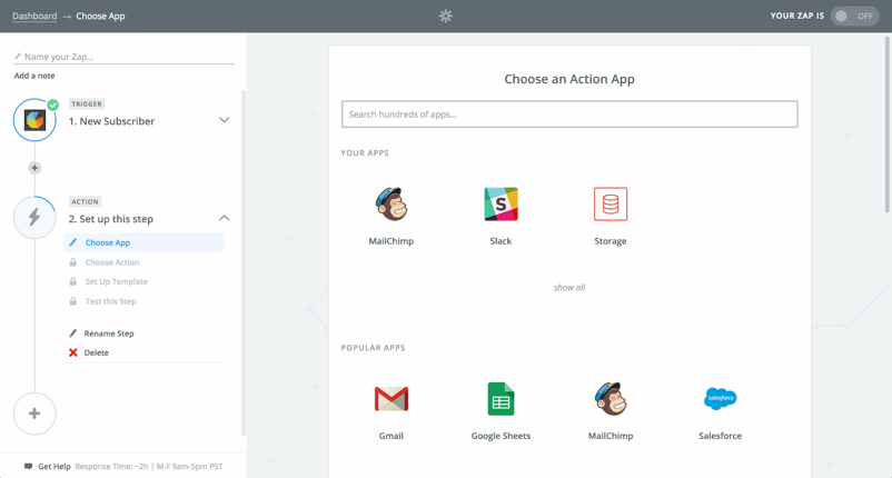 Choose Mailchimp as an Action app from the Zapier Dashboard