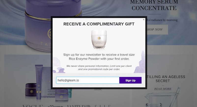 Welcome gift offer on a Gleam Capture popup