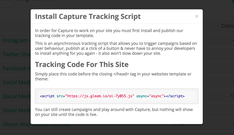 Copy the tracking code for your Gleam Capture
