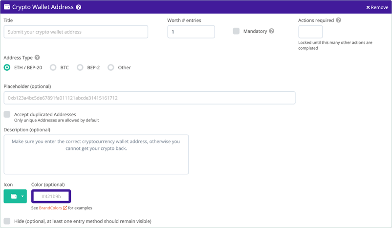 Admin view for Crypto Wallet Action Action for Gleam.io