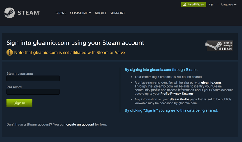 Authenticate your Steam account to connect Gleam.io