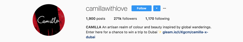 Instagram bio with link to a Gleam giveaway