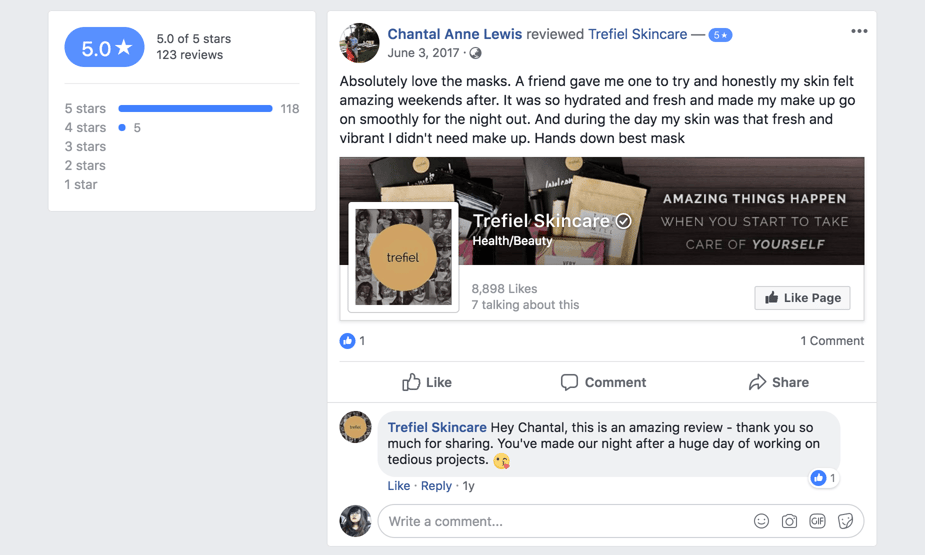 Customer reviews on Trefiel's Facebook page