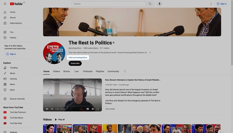 The Rest Is Politics YouTube Page with Linktree URL in Bio