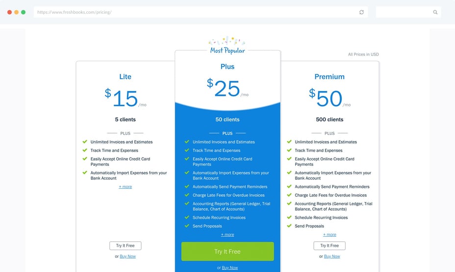 FreshBooks Pricing Page